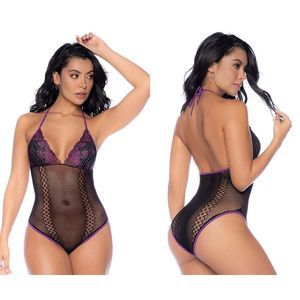 Mapale 1121 Fishnet and Lace Bodysuit Set Color Black-Purple